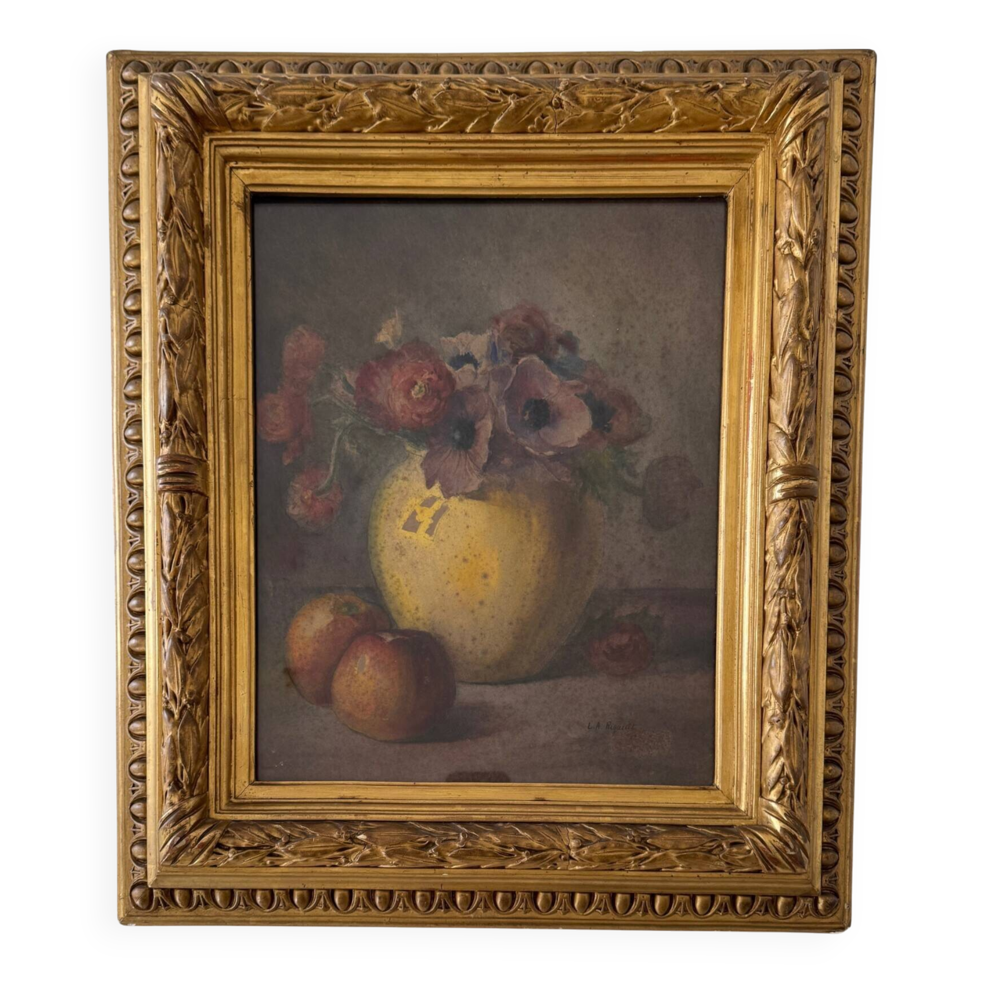 Watercolor still life bouquet of flowers 19th century by LA Rigault