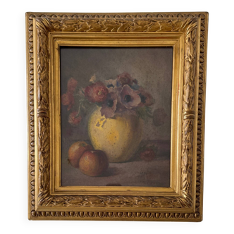 Aquarelle nature morte bouquet de fleurs par L.A. Rigault, XIXe s.