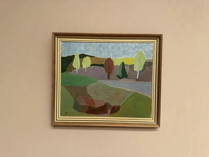 Original Swedish Oil on Panel – “Trees and Fields” by Carl‑Einar Andersson (1925–1975) – 1959 – Vintage & Framed – 53 × 44.5cm (20.9"×17.5")