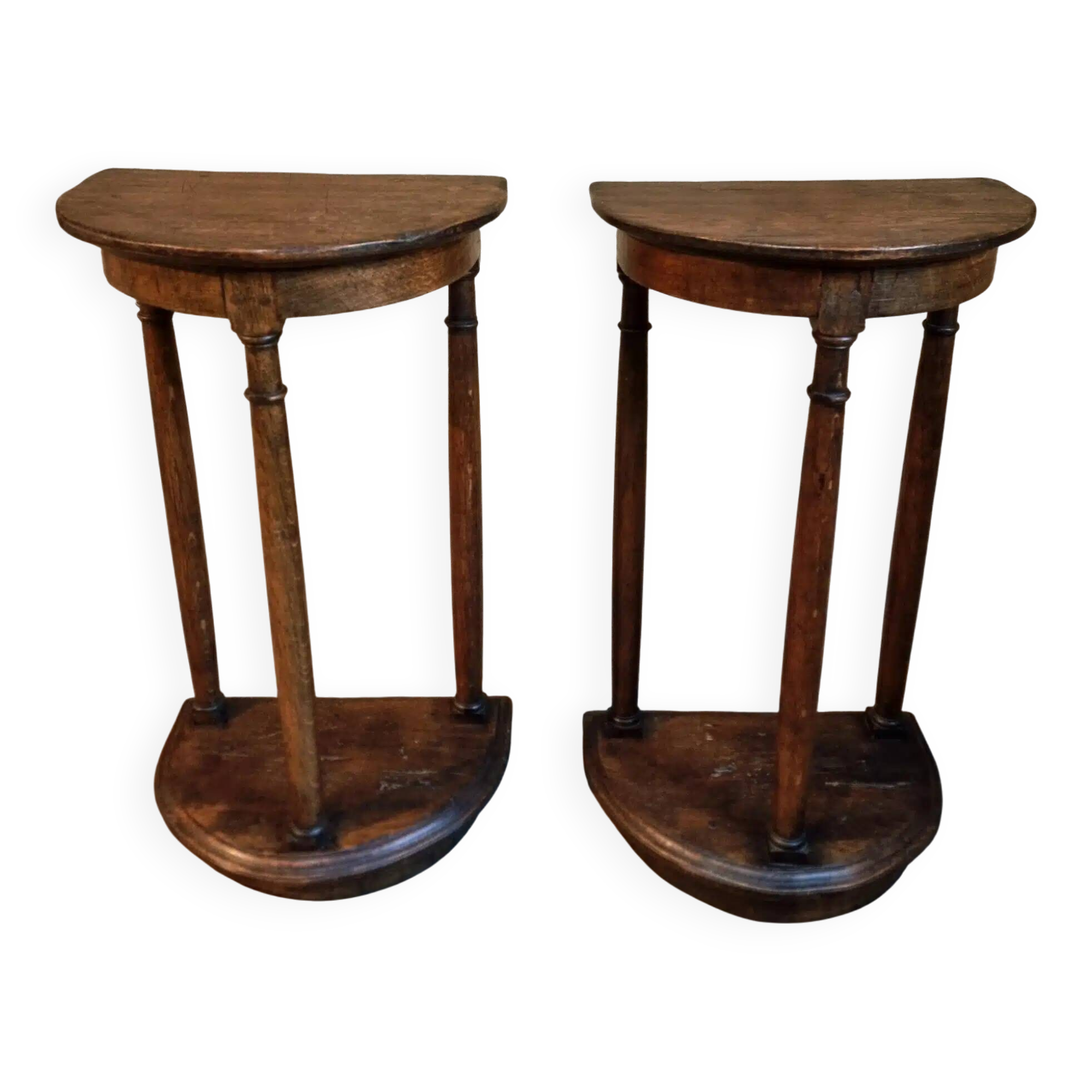 Pair of antique solid wood half-moon side tables, 19th century