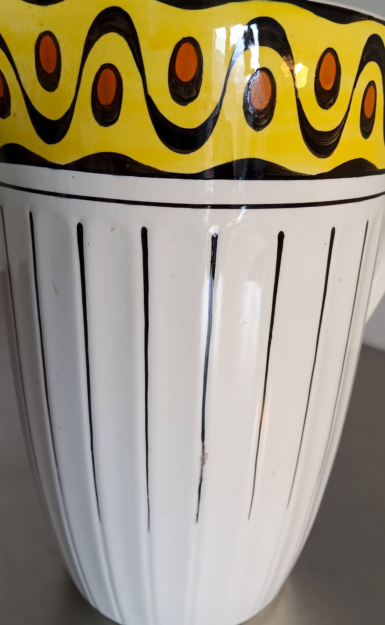 1 very large BFK (Boch Frères Keramis) Ambra 801 L jug. White, black lines and decorated band
