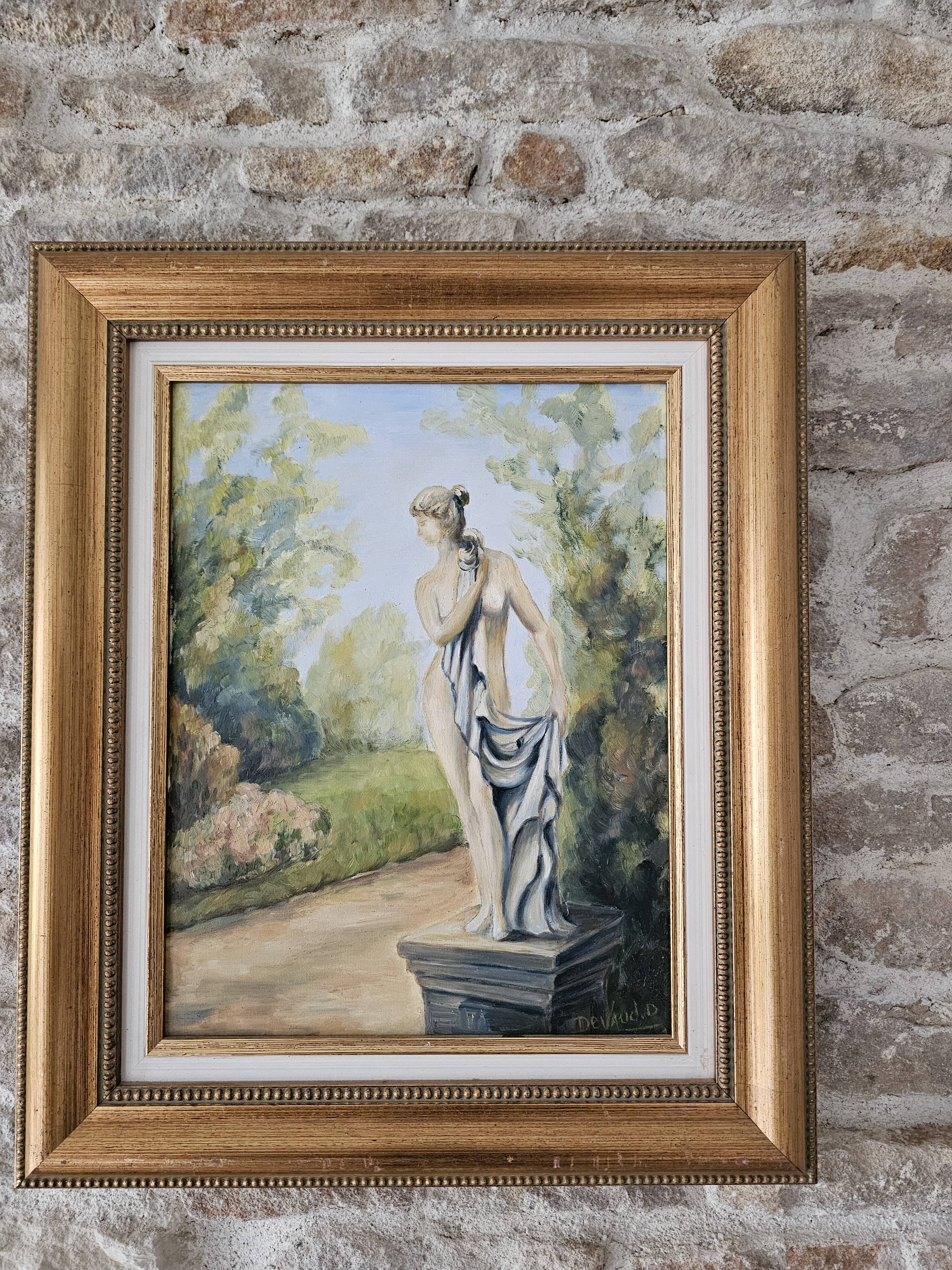 Oil on Canvas - Statue in a Park Signed Devaud