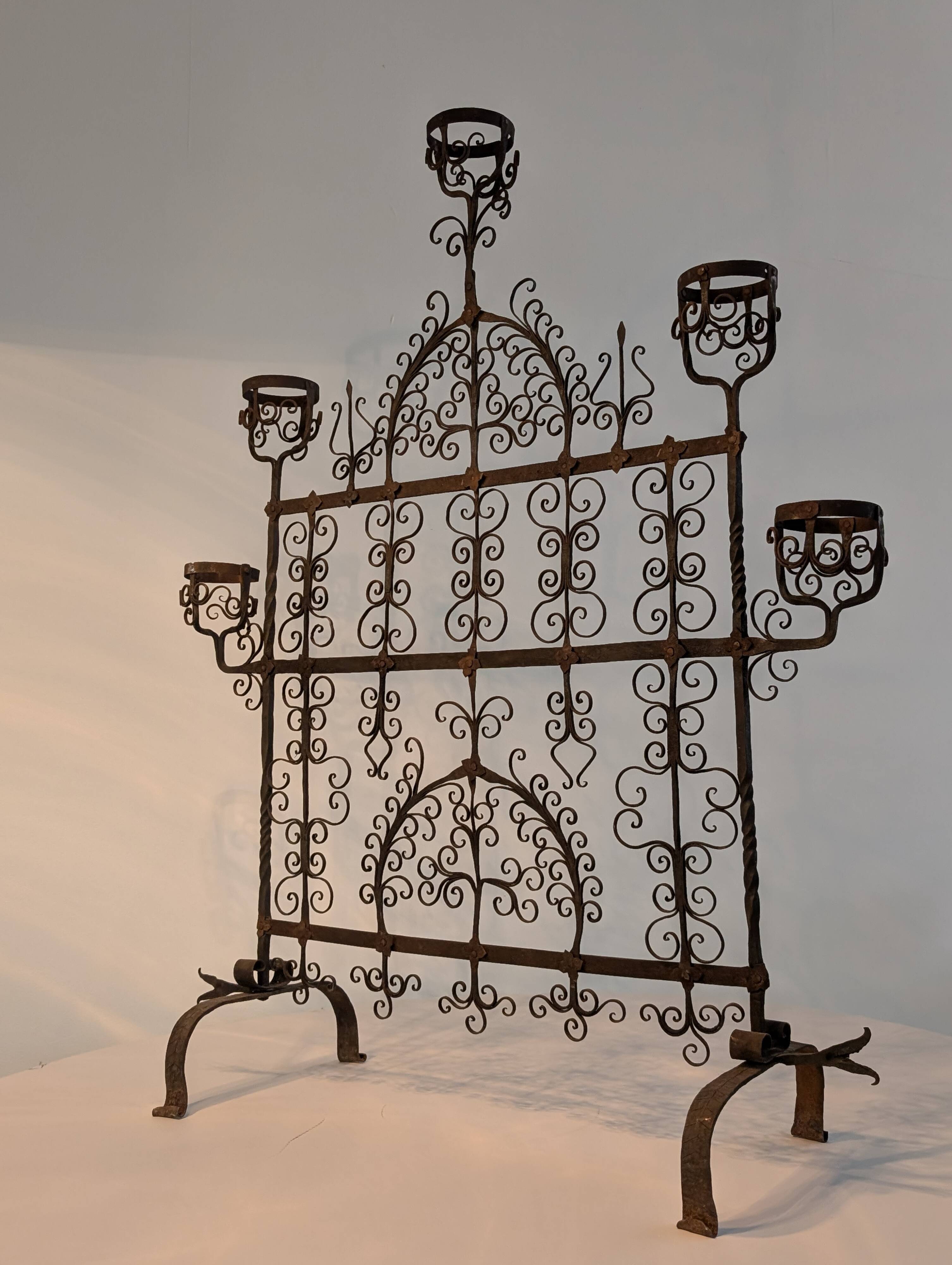 Spanish Wrought Iron Fireplace Screen Candelabra, Arts and Crafts, 1880s