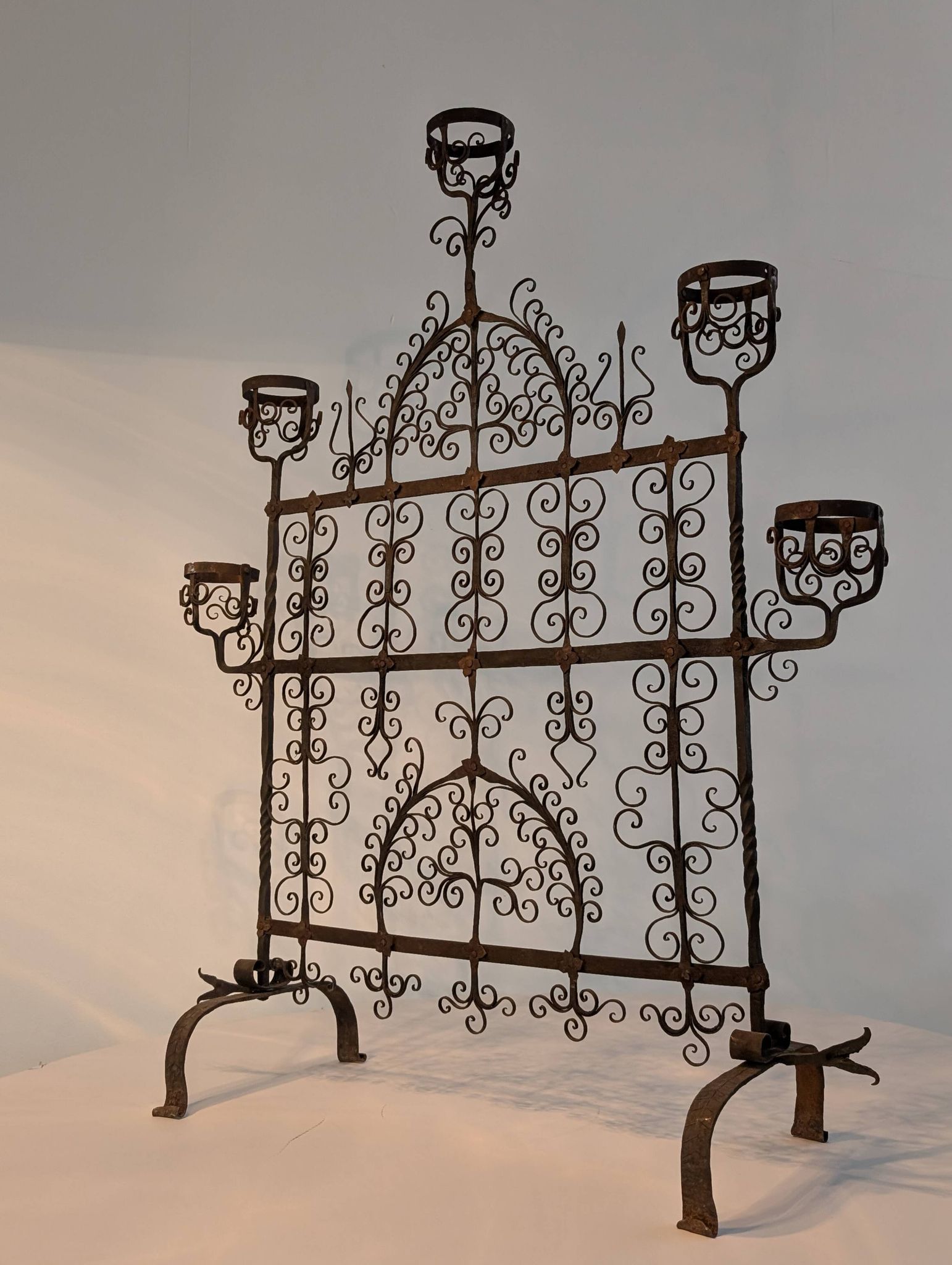 Spanish Wrought Iron Fireplace Screen Candelabra, Arts and Crafts, 1880s