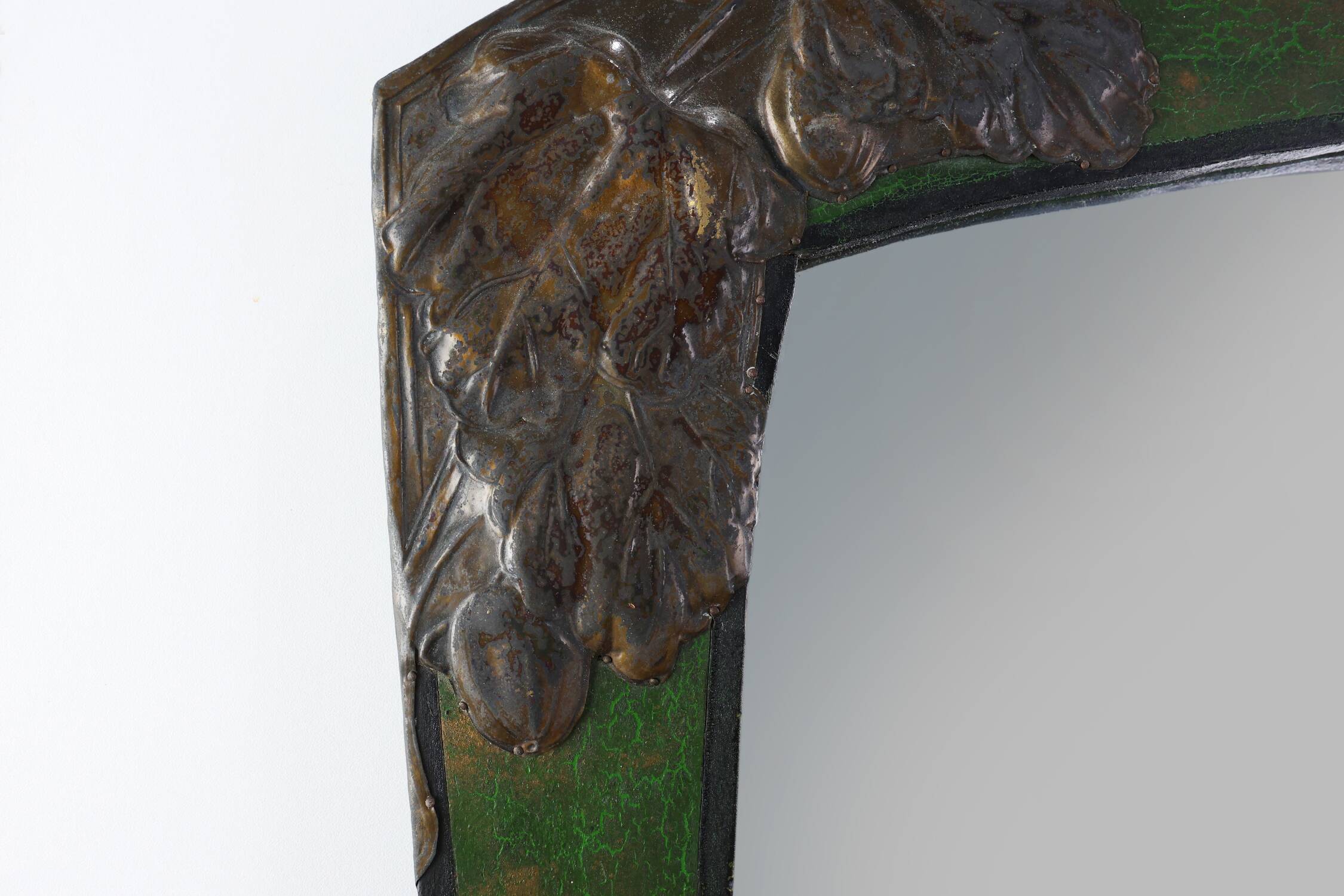 Arts & Crafts Mirror in green metal with glass decoration, France ca. 1905