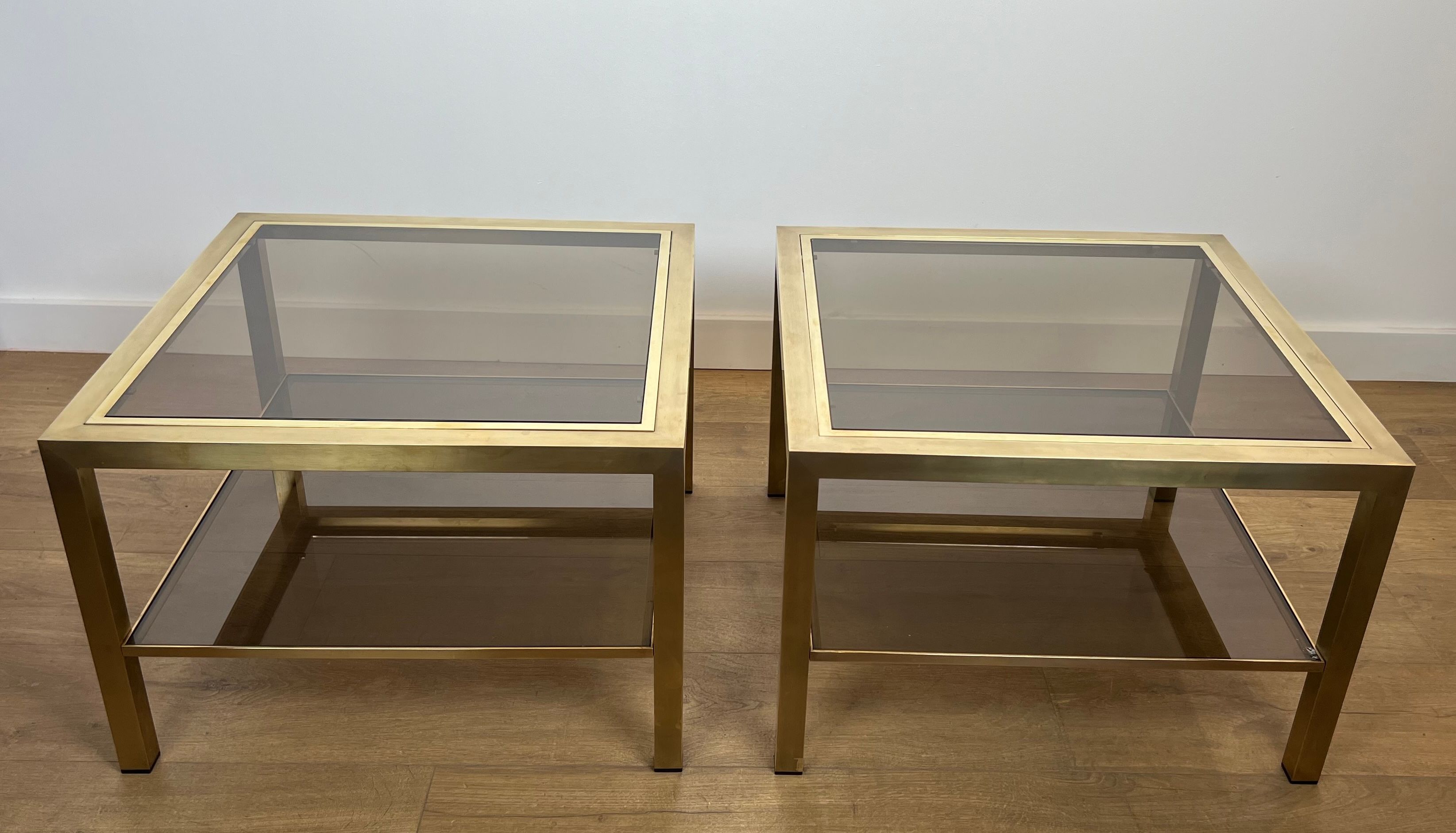 Pair of large square brass side tables