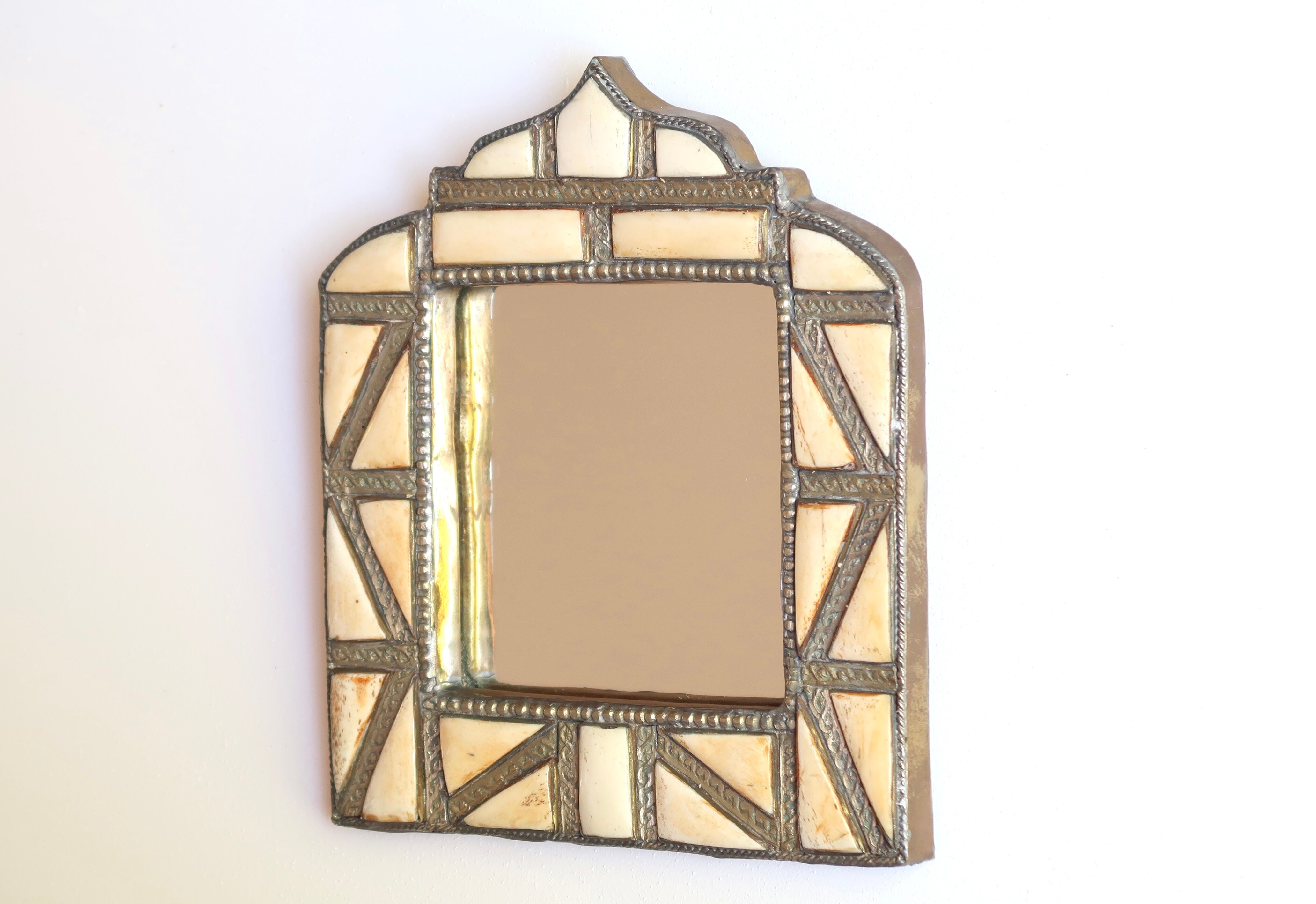 Moroccan brass mirror with bone inlays, 70s
