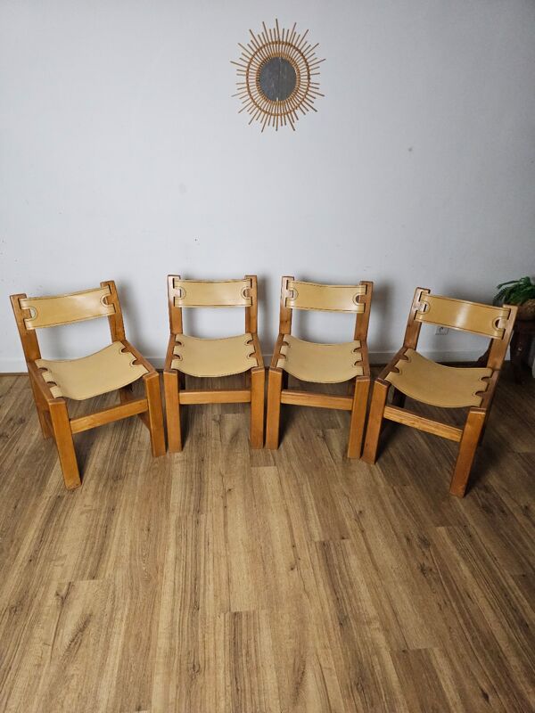 Chaises en Orme Massif et cuir crème, Maison Regain , années 60