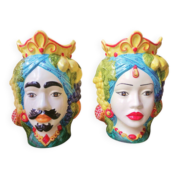 coppia di teste di moro siciliane in ceramica