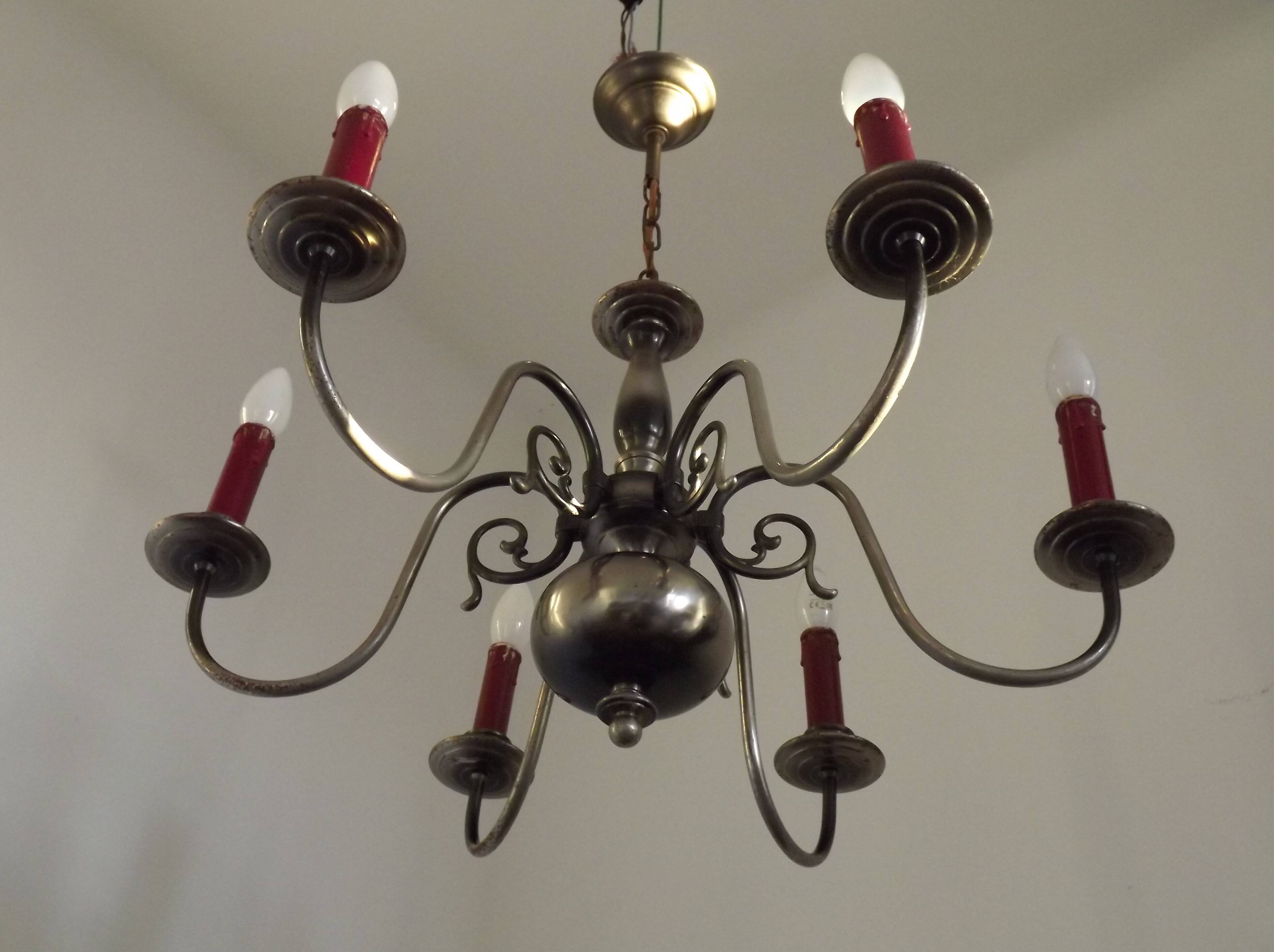 French Vintage Two-Tone Silver Metal 6-Light Flemish Chandelier with Red Drips