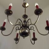 French Vintage Two-Tone Silver Metal 6-Light Flemish Chandelier with Red Drips