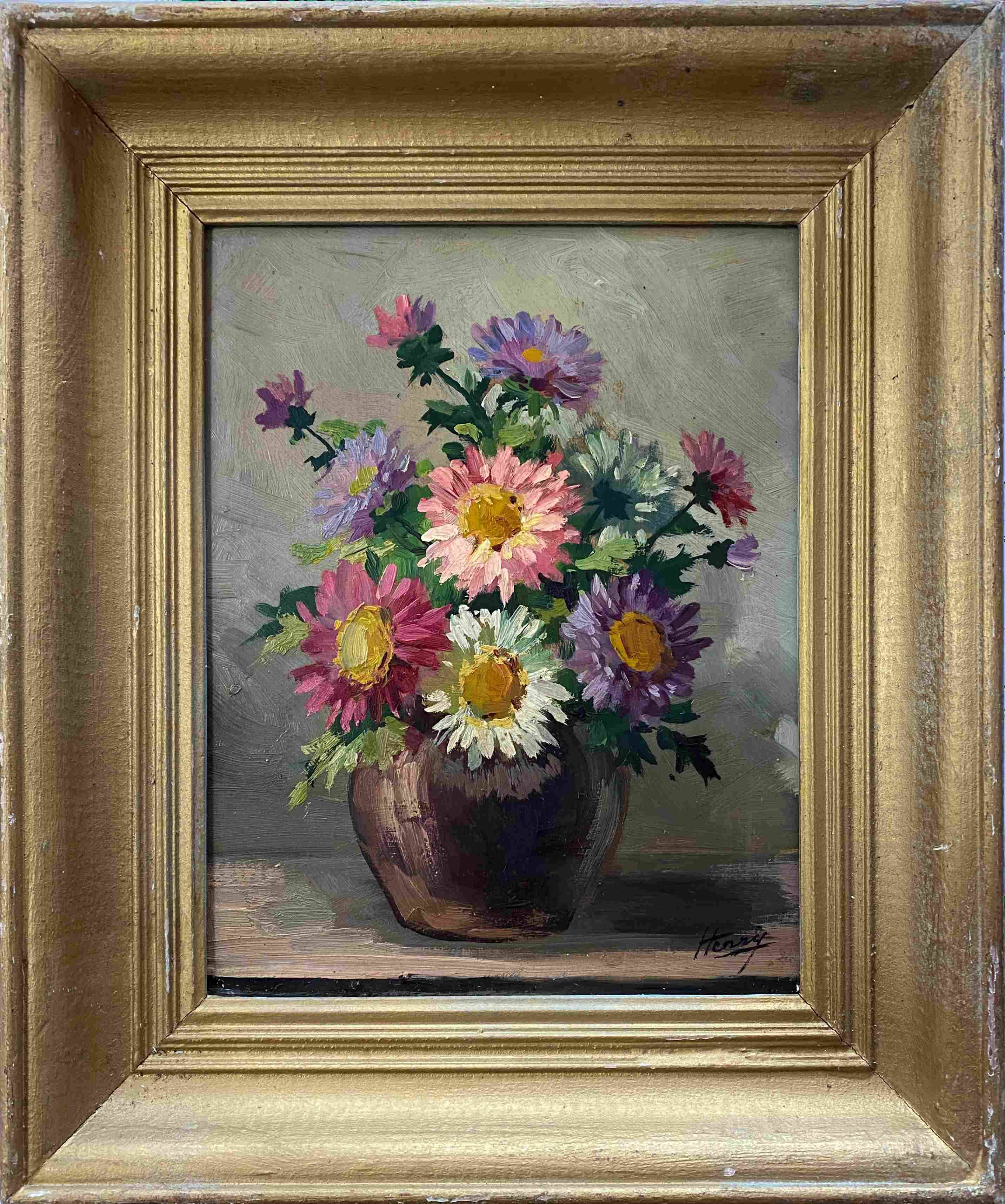 HSP painting "Bouquet of garden flowers" signed Henry circa 1950