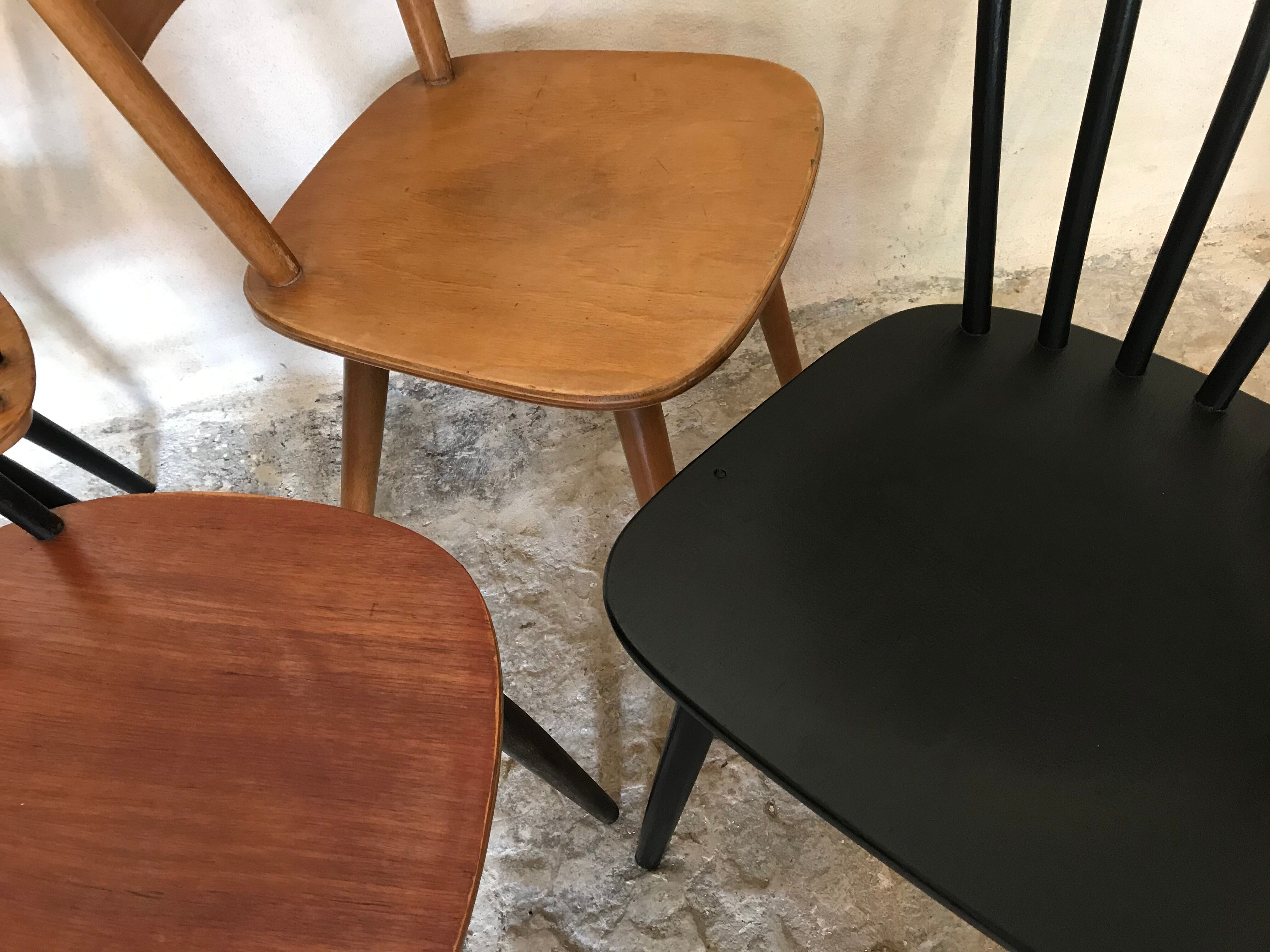 Set of 4 mismatched vintage chairs compass feet