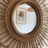 Miroir vintage 1960 soleil étoile asymétrique rotin osier - 52 cm