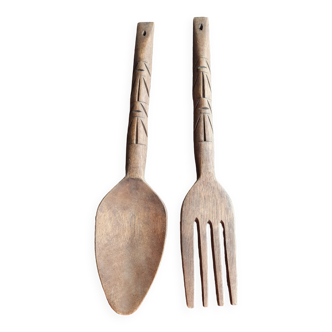 Giant totem-style wooden cutlery, 1960s