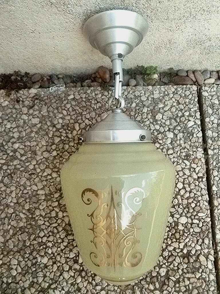 Oblong pendant lamp in decorated glass, vintage