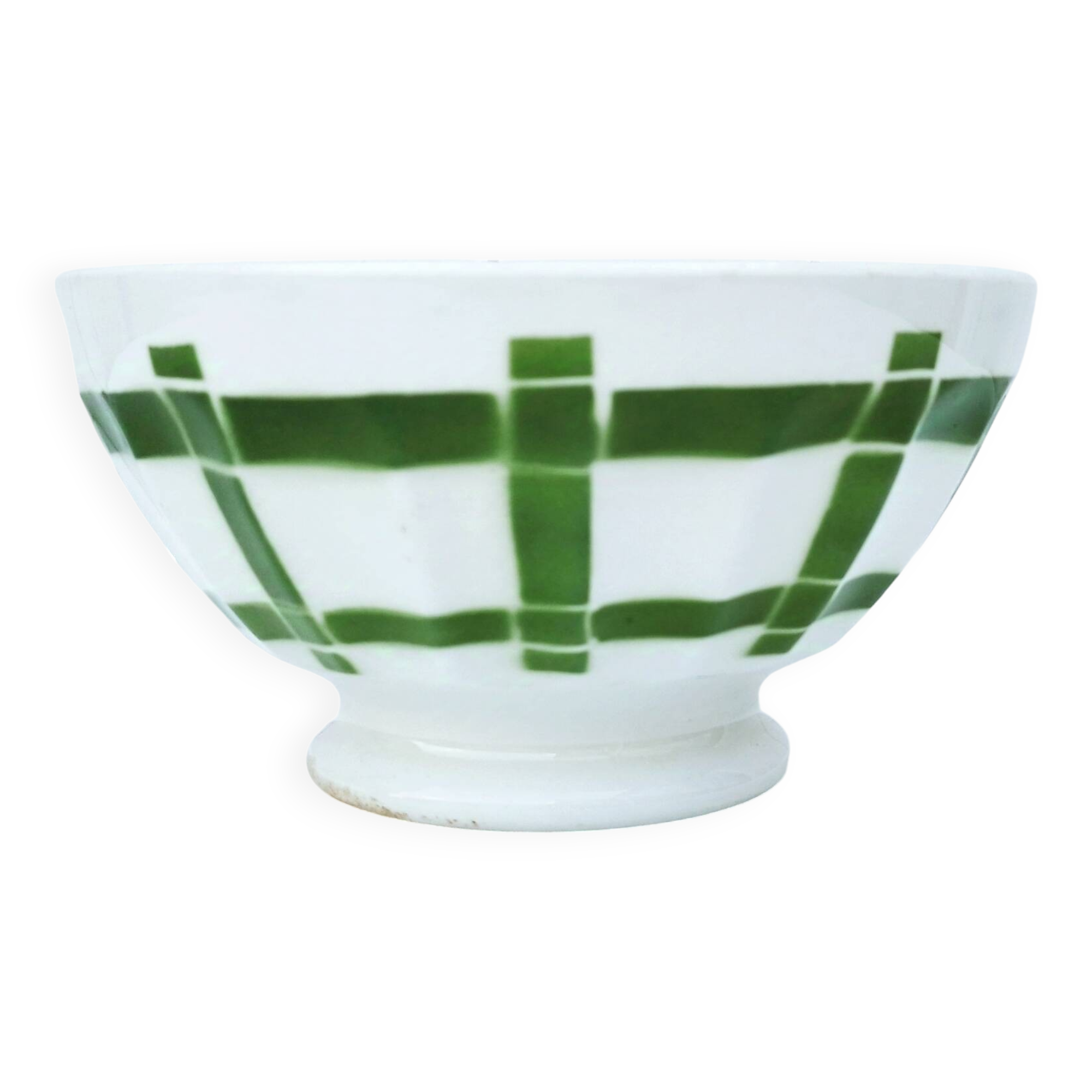 Large earthenware bowl with vintage green geometric decor