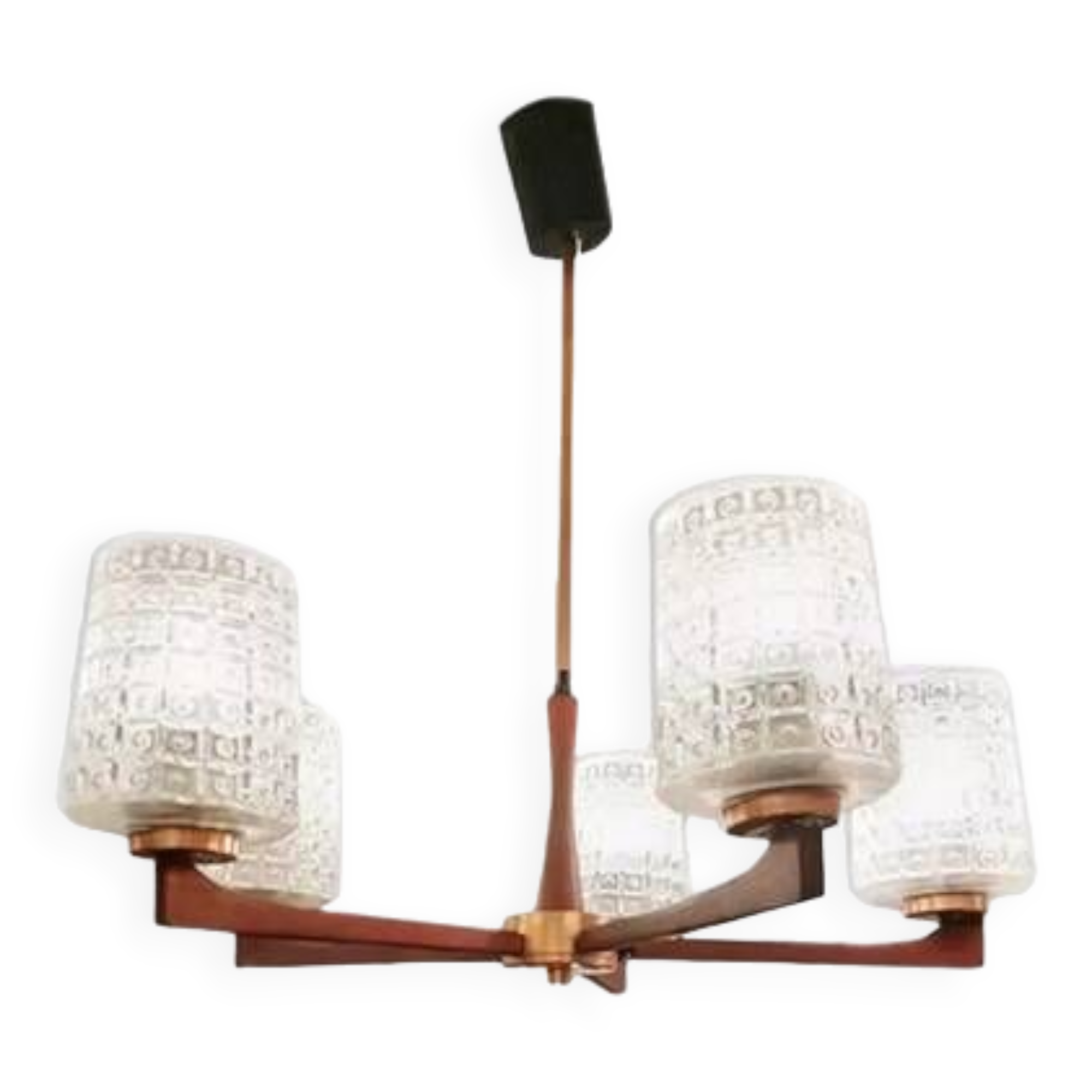 Scandinavian chandelier with 5 branches, teak and glass, 1950