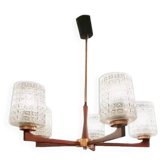 Scandinavian chandelier with 5 branches, teak and glass, 1950