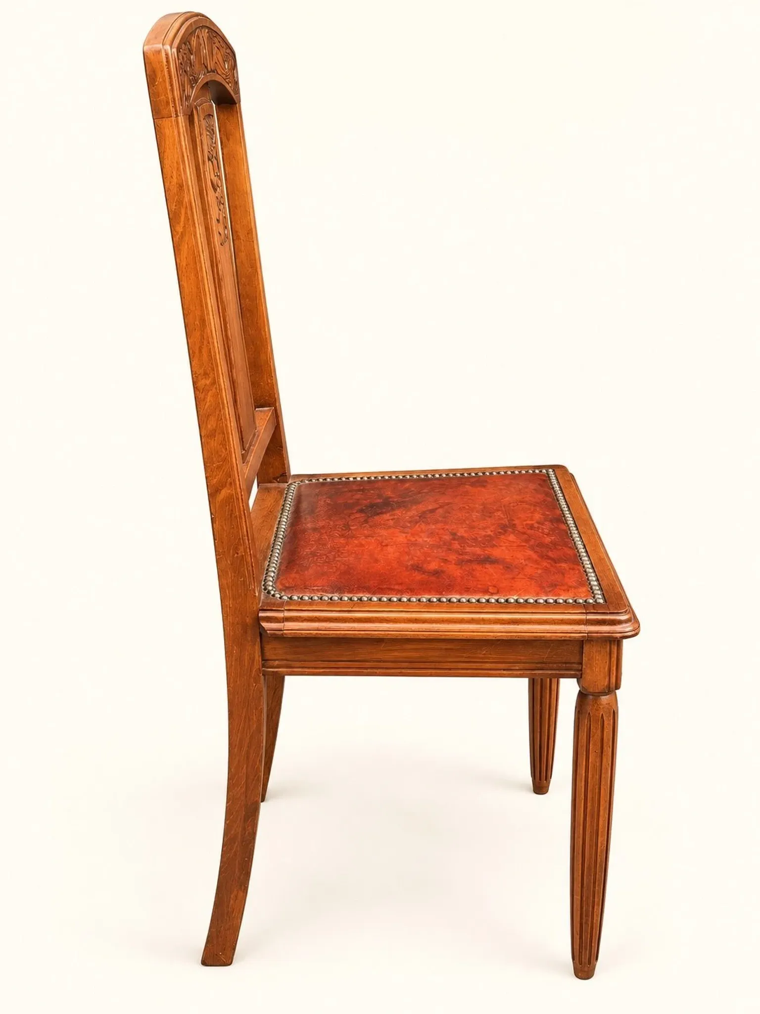 5 Art Deco Chairs in Carved Walnut, Upholstered with Studded Leather – 1920s