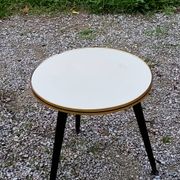 Vintage side table from the 60s, blackened wooden tripod base, white formica top