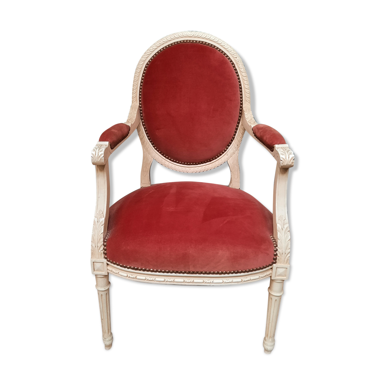 Louis XVI style armchair in white lacquered wood