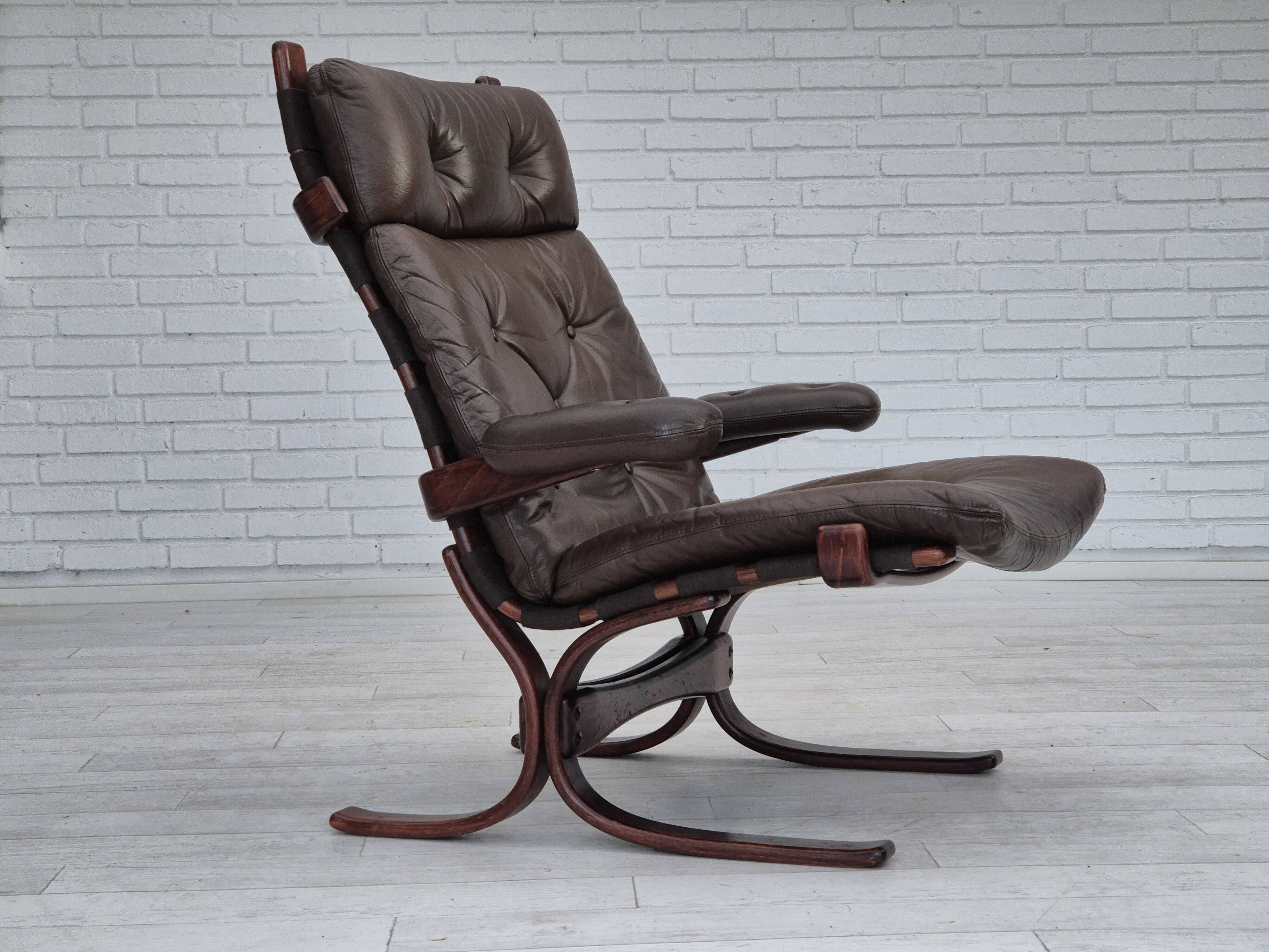 1970s, Scandinavian armchair, original condition, furniture leather, bent wood, canvas.