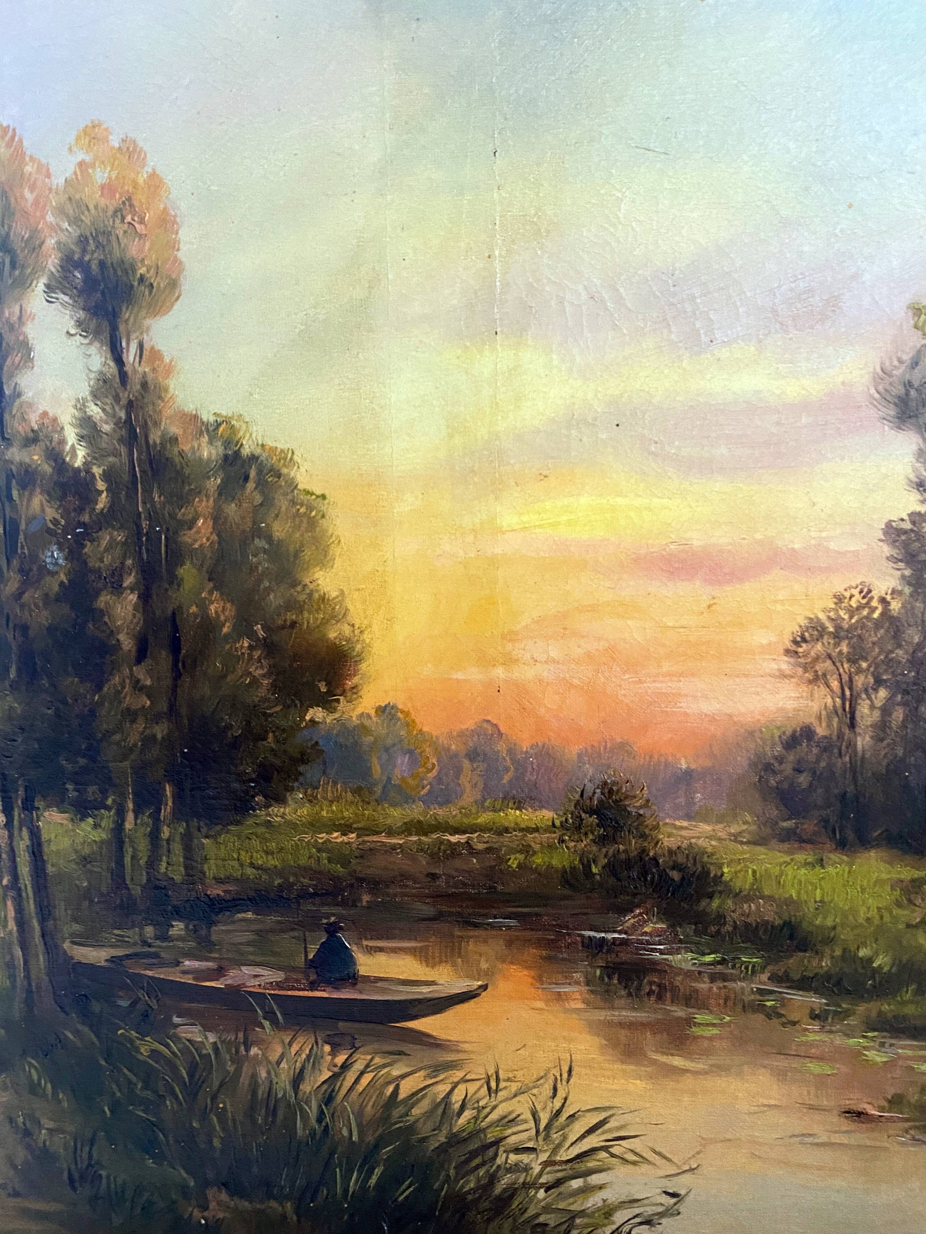 Painting "Landscape with fisherman at sunset" signed L. Lebrun XIX° century