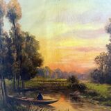 Painting "Landscape with fisherman at sunset" signed L. Lebrun XIX° century