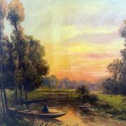 Painting "Landscape with fisherman at sunset" signed L. Lebrun XIX° century