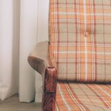 Scandinavian armchair in natural wool, orange, checked, 1965, Z. Baczyk