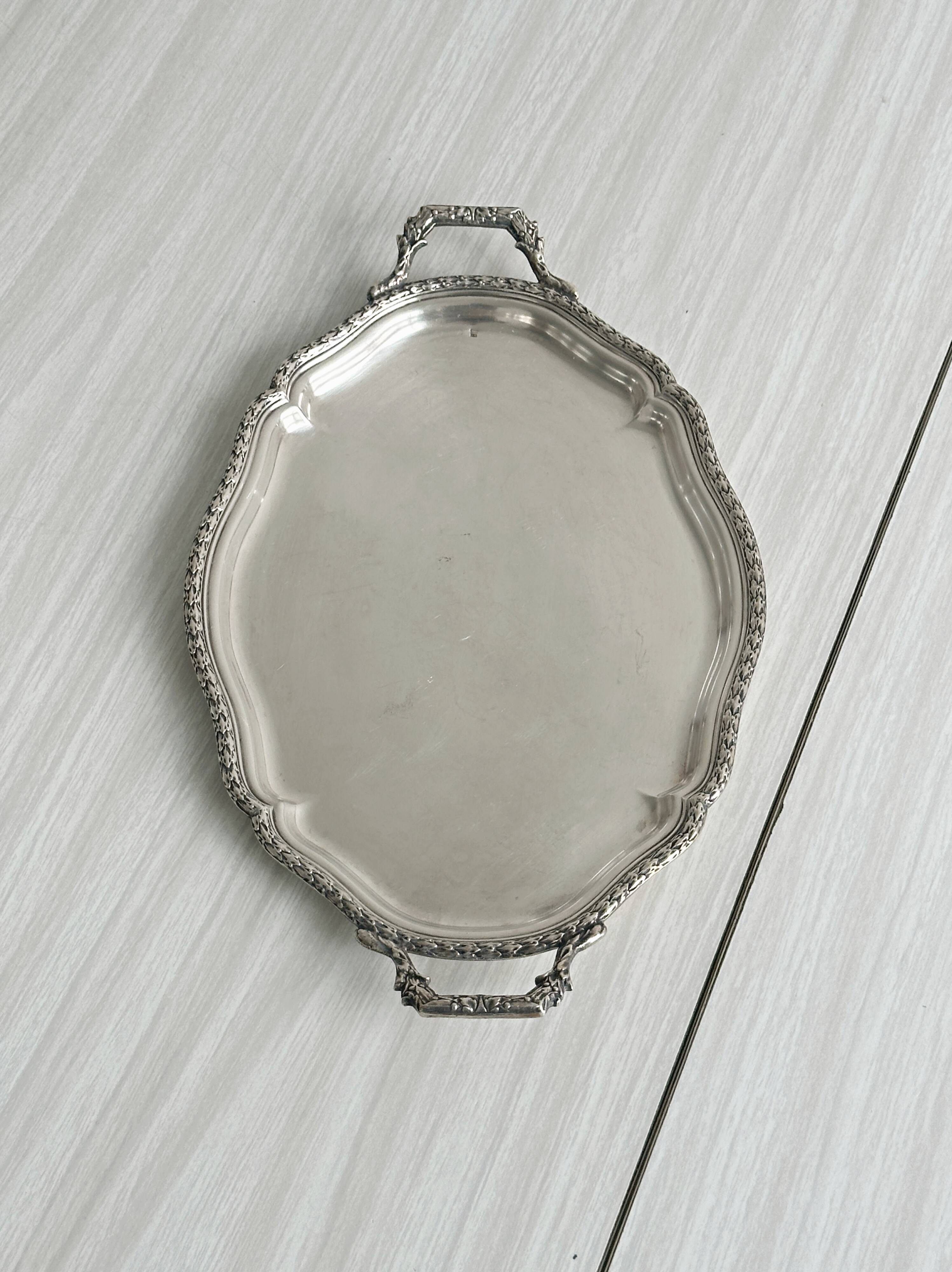 Engraved metal tray with cut-out handles