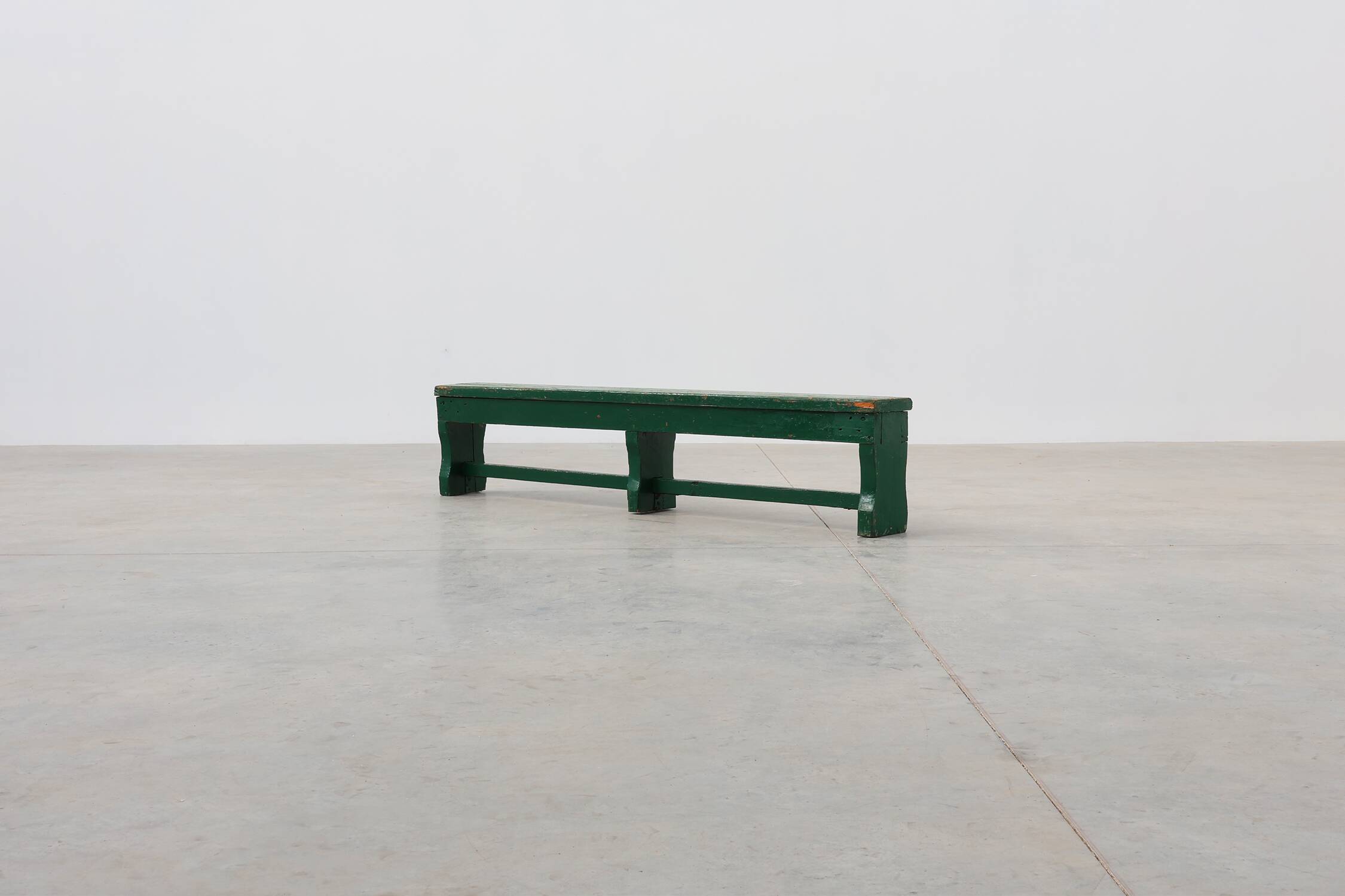 Rustic primitive green farmhouse bench in solid oak, France ca. 1900