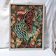Wall tapestry - Framed vintage 70s canvas - Long-feathered rooster