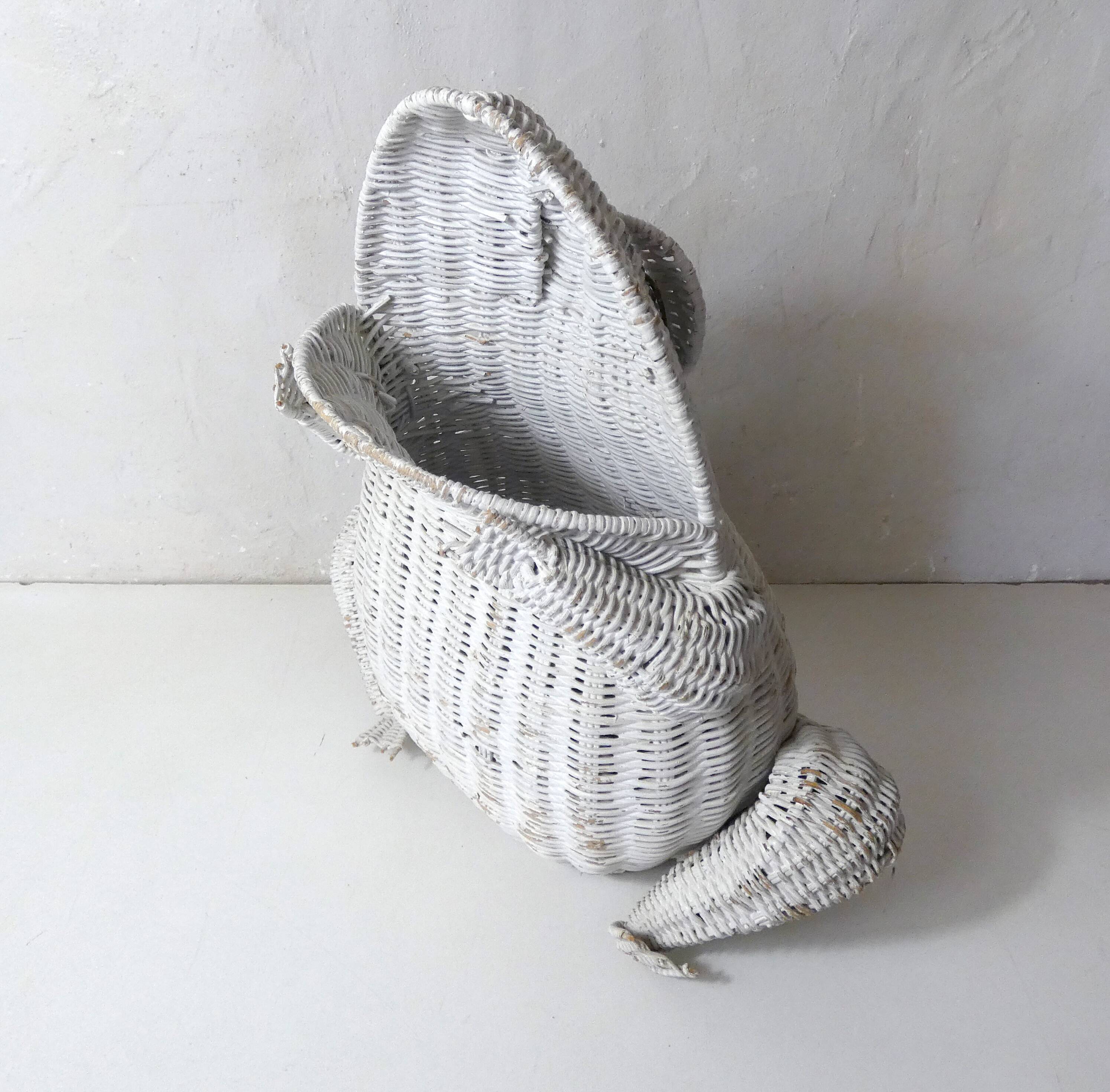 Corbeille à papier grenouille vintage en rotin blanc