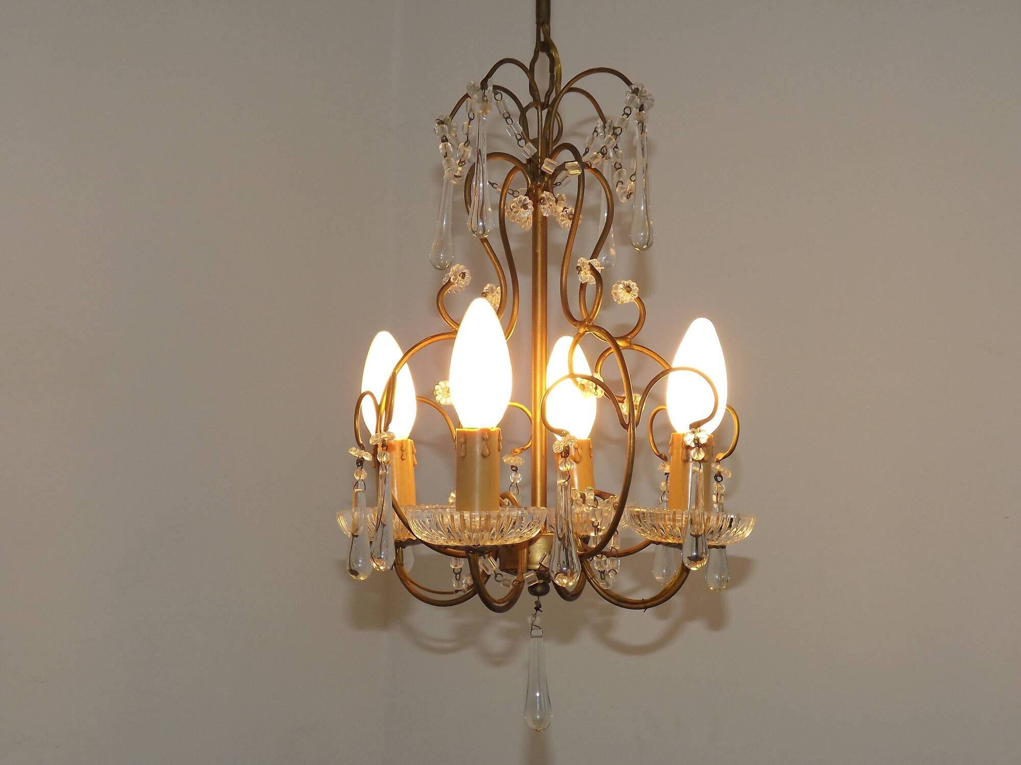 Vintage French 4 Arm Gilded Metal Cage Chandelier Beads Clear Murano Drops