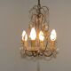 Vintage French 4 Arm Gilded Metal Cage Chandelier Beads Clear Murano Drops