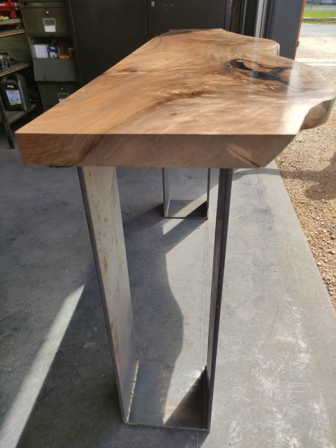 Walnut console with steel legs