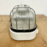 Industrial white porcelain cage wall light with ribbed glass, 1970s
