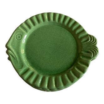 Set of 6 plates in green glazed clay Atelier Cérenne Vallauris 1945 - 1958