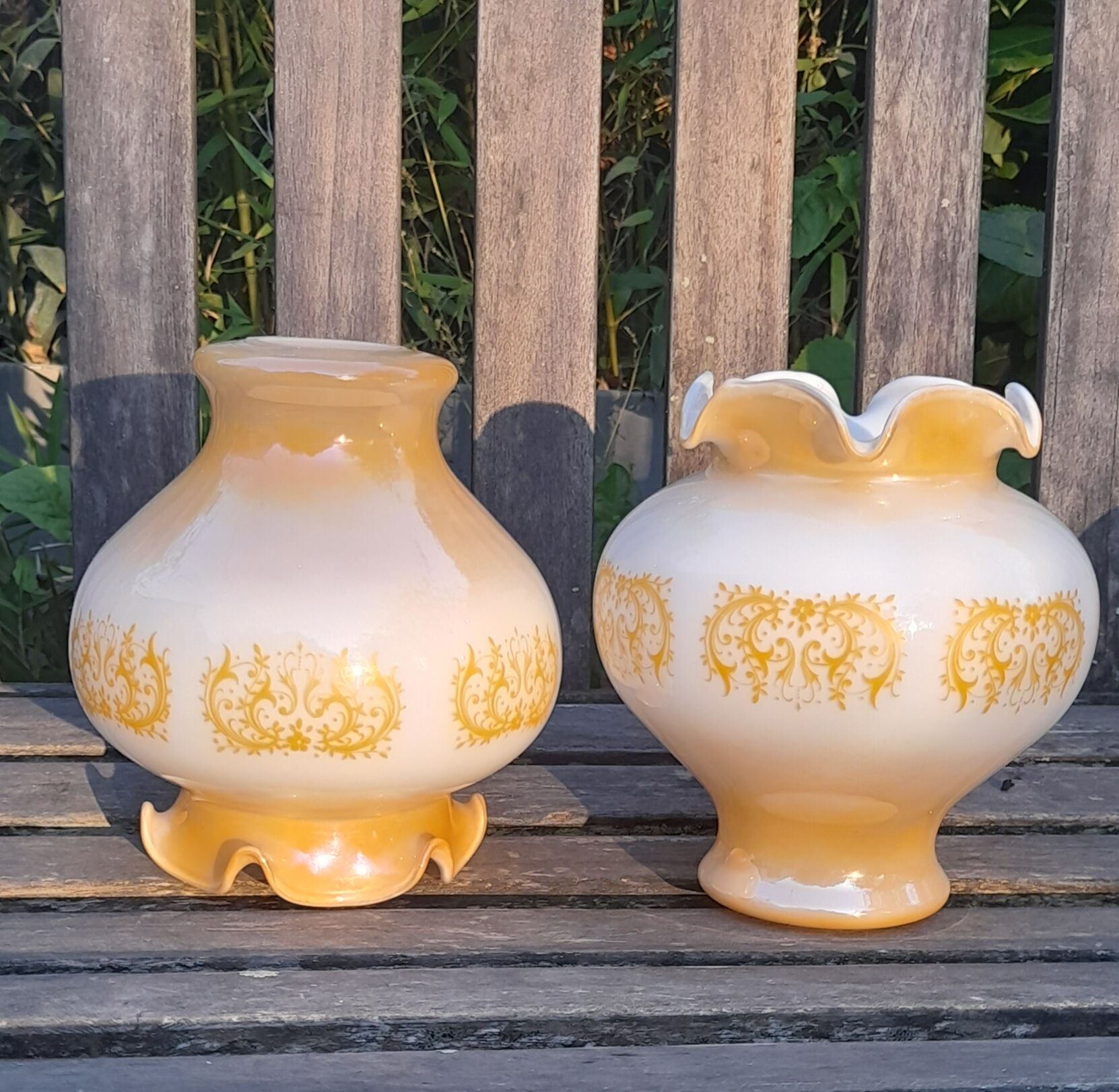 Duo of orange opaline tulip globes for suspension, art deco