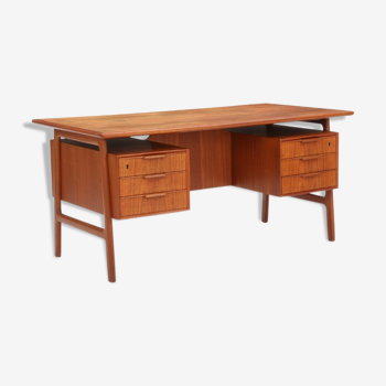 Freestanding teak desk, front with six drawers