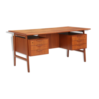 Freestanding teak desk, front with six drawers