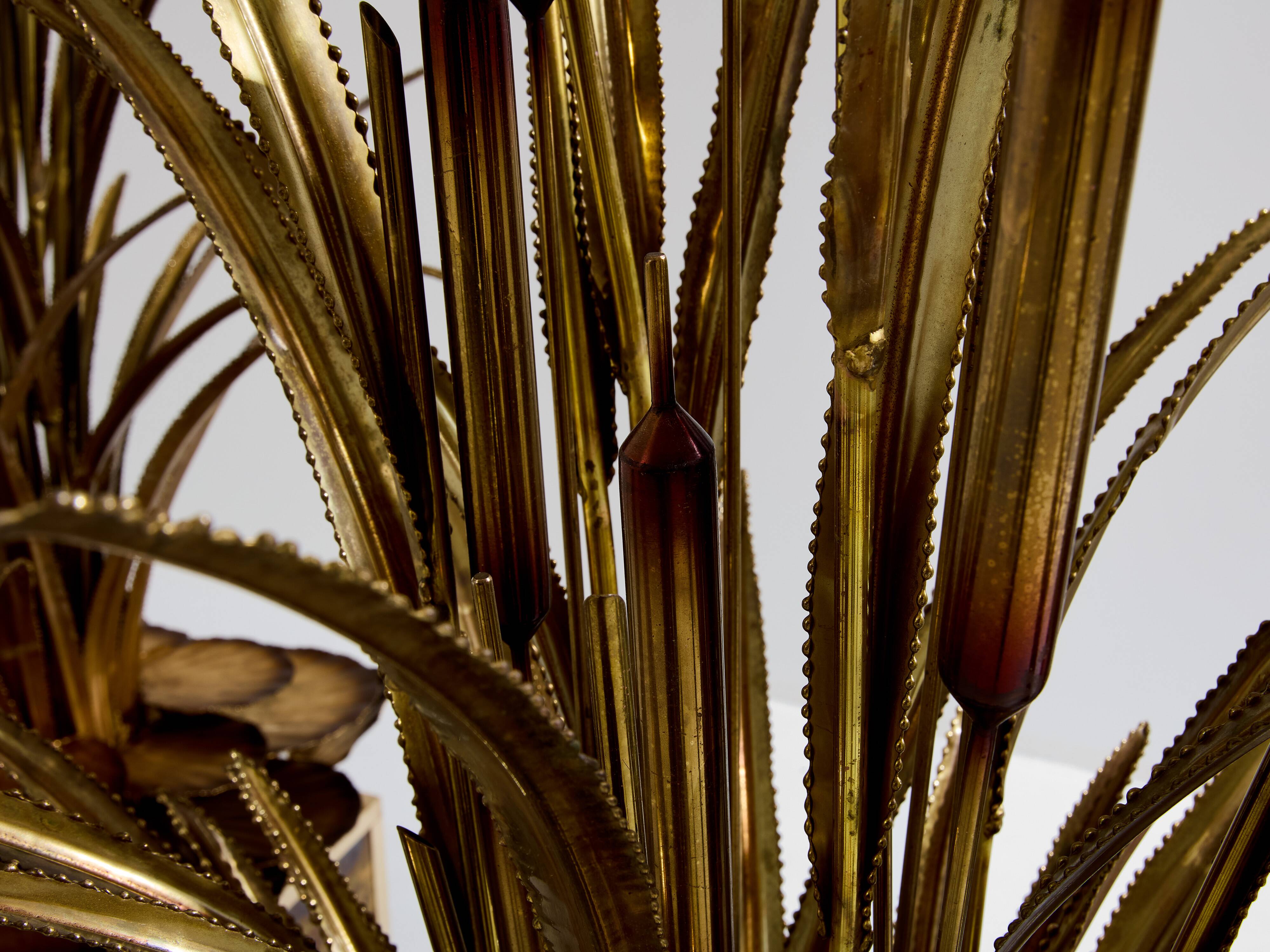 Pair of Maison Jansen brass floor lamps with reeds and water lilies, 1970s