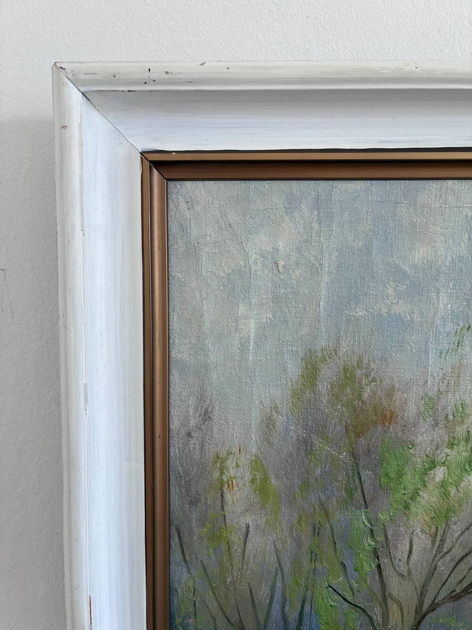 Vintage original forest landscape oil painting, circa 1960s