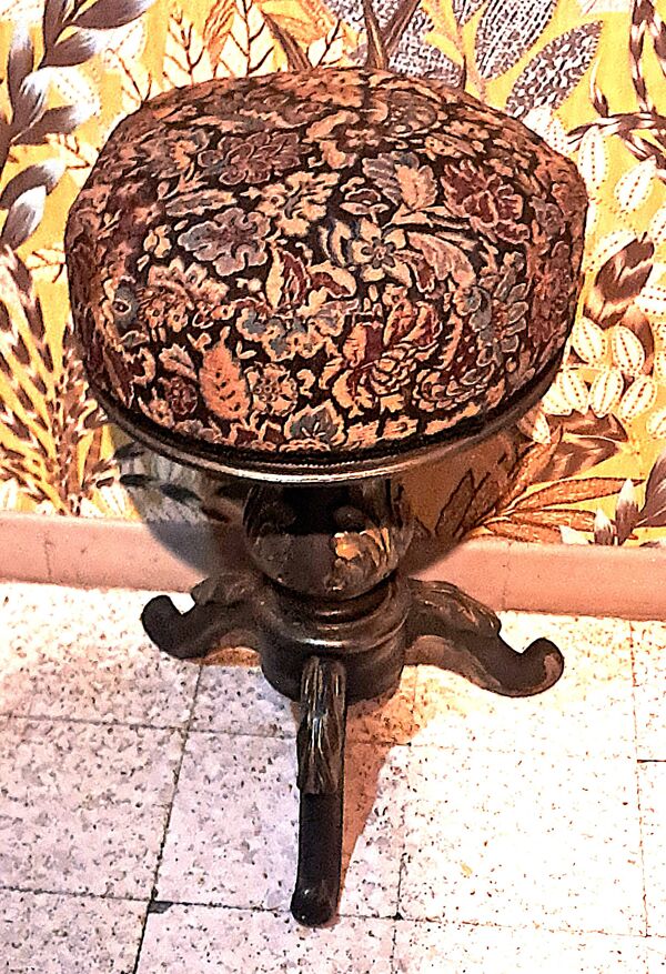 Tabouret Piano Victorien bois patiné Tissu Tapissier XIX France