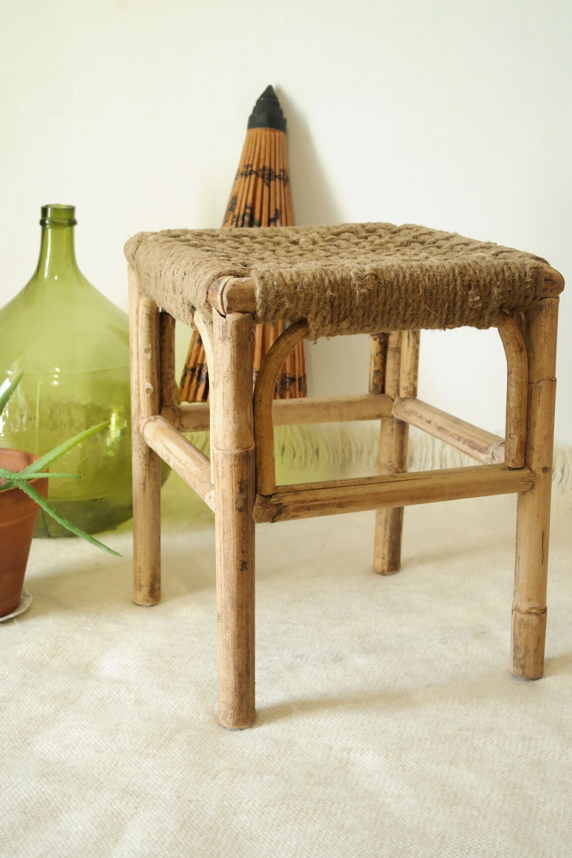 Vintage handcrafted bamboo and rope stool