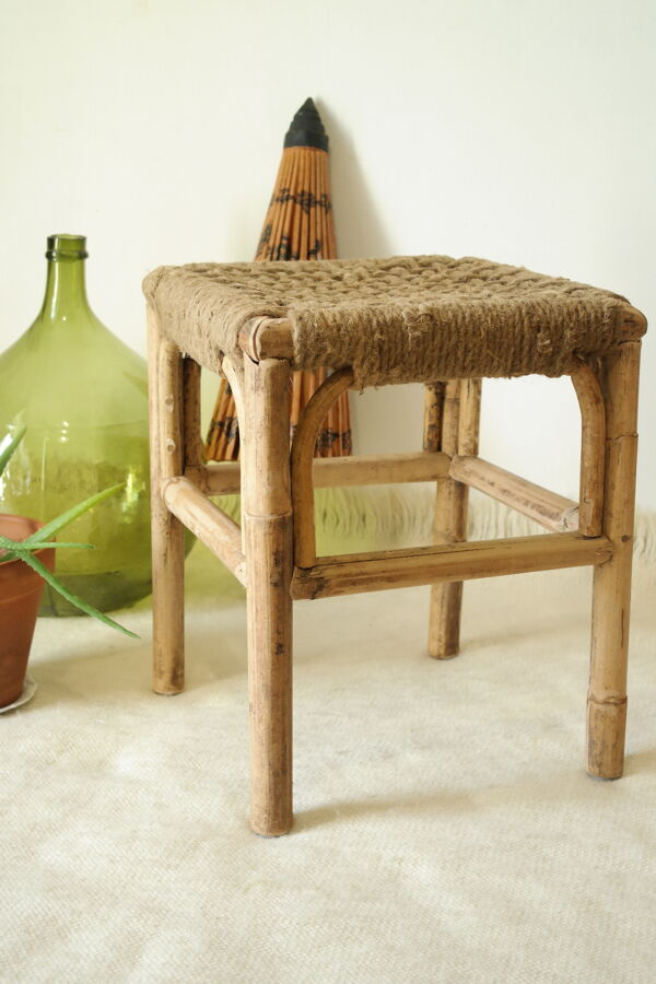 Tabouret bambou et corde artisanal vintage