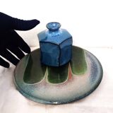 set of 2 blue handmade ceramics/small vase + plate
