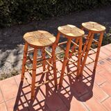 Set of 3 high “modernist” straw stools vintage 1950s